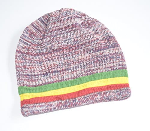 jammin Reddish Blue Knitted Rasta Reggae beanie hat with red,yellow and green stripes, 100% cotton, stylish and cool