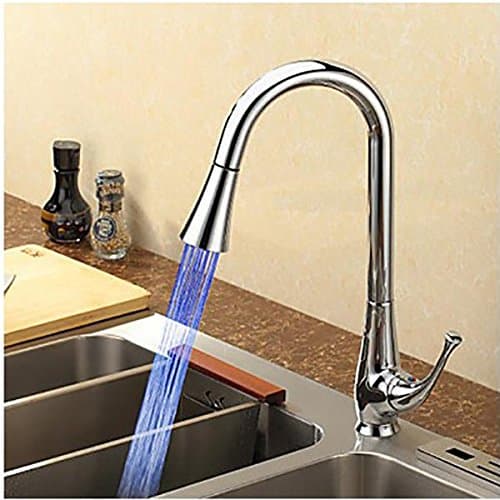 NIHE Full Copper Pull Pull LED Kitchen Faucet Temperature Control Vase Chrome Hot and Cold Kitchen Faucet (360 ¡ã Rotation)