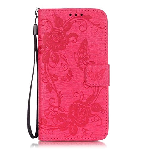 Case for Samsung Galaxy A3 2017 / A320 Case Cover, Leather Wallet Elegant Butterfly Flowers Pattern with Wrist Strap Card Holder Slot Book Style Stand Shell Wallet Case, Hancda Premium Magnetic Flip Cover for Samsung Galaxy A3 2017 / A320 [NOT for A3 2016 / A3 2015] - Rose Red