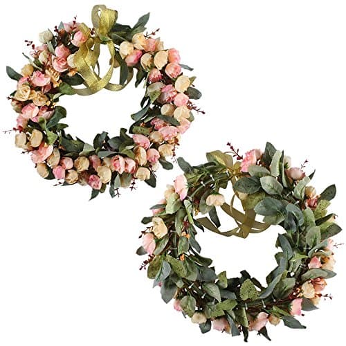 SIncek 37cm Spring Front Door Wreaths Natural Looking Modern Decorative Artificial Silk Rose Flowers Garland for Home Kitchen Wedding Festive