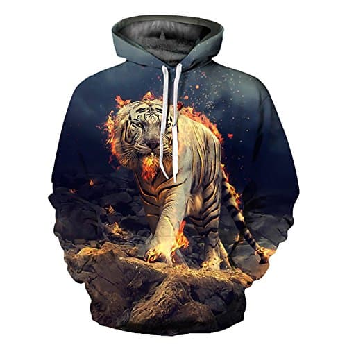 Unisex Women Realistic 3d Print Galaxy Pullover Top Slim Fit Hooded Hoodie Sweatshirt (Large/X-Large, Tiger Fire)