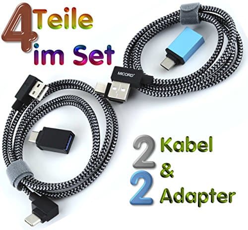 2XLADEKABEL/Adaptor Kit New. Super Low Profile High Speed Type USB Charging Cable and Data Cable 1 Meter Nylon Weave Design (Set of 2 Each) and USB 3.1 Adapter for Devices with a 3.1 USB C Connector (2 Pieces)
