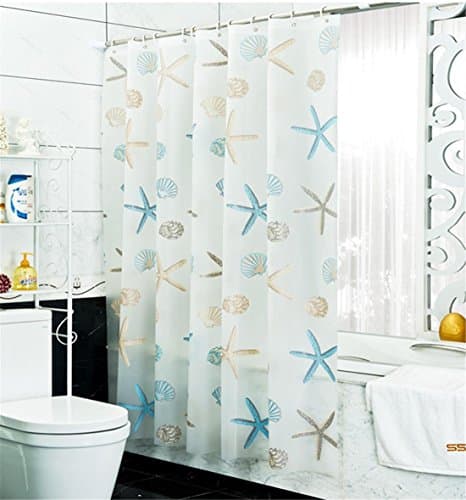 100% PVC Shower Curtain Starfish Shells Pattern White Opaque Anti mold Waterproof For Kids Women Hotel Home Family Bathroom Washroom Decoration With 12 Rings Hooks , 180 x 240 cm
