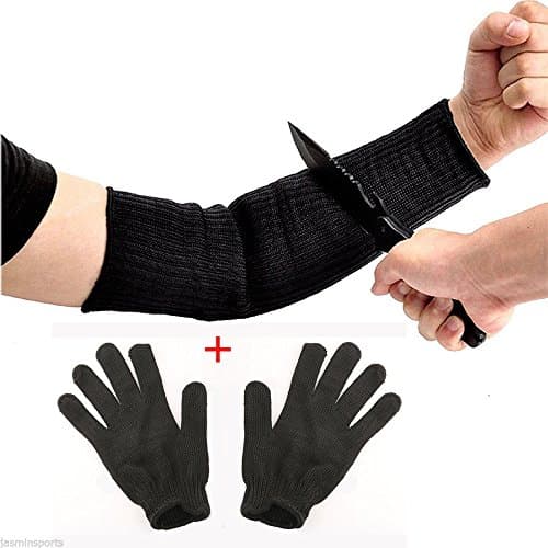QuiCi 1 Pair Cut Proof Working Arm Guard Sleeves + 1 Pair Cut Proof Gloves, Anti Cutting Protective Elbow Bracers Gloves Armband (Black Sleeves +Black Gloves)