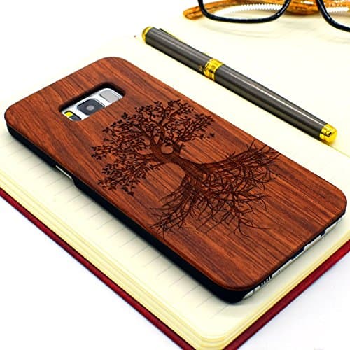 BTHEONE Case for Galaxy S8+, Hard Wood Back Impact Resistant Protective Slim Wooden Bumper Cover for Galaxy S8 Plus[Rose-Tree]