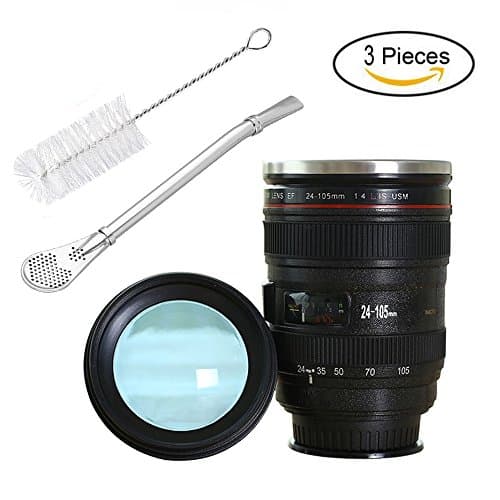 HEMCER Camera Lens Mugs Coffee Cup with Suction Cup and Lid &amp; Spoon, Camera Lens Cup, Suction Coffee Cup, Coffee Traveler Cup, Stainless Steel Cup, Travel Thermos - Capacity 320 ml. Perfect for a photography lover