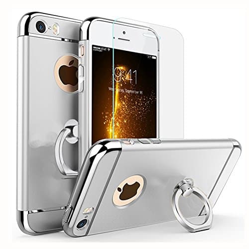 [Updated Version] iPhone SE Case,iPhone 5 Case,iPhone 5S Case,WWK Ultra-thin 3in1 Plastic Hard Cover Skin 360 Degree Stabled Rotating Ring Kickstand &amp; [Tempered Glass Screen Protector] for Apple iPhone (Sliver)