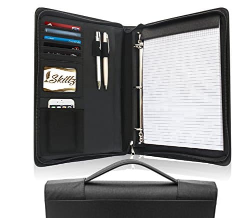 Skittz Zipped A4 Conference Folder Leather Document Business Portfolio Case With Carry Handle & Removable 3 Ring Organizer