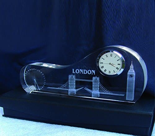Laser Engraved Etched Clear Optic Crystal Glass Mantel Desk Clock as a Gift, Paperweight, Ornament, Keepsake (2,5cm x 8cm x 18cm)- London Symbols (Finished Product)