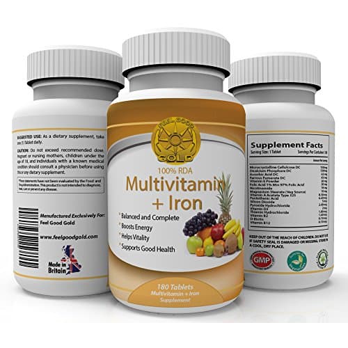 Multivitamin + Iron Daily Vitamins 180 Tablets - A B1 B2 B6 C D and E - 100% RDA - boosts energy and vitality for Men and Women - made in the UK for Feel Good Gold. (180 Tablets)
