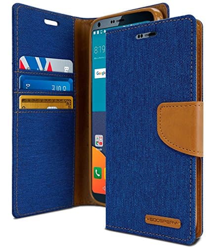 LG G6 Case, [Drop Protection] KILRELF® Canvas Diary [Denim Material] Wallet Case [ID Card/Cash Slot] Stand Flip Cover Shock Absorbing TPU Casing for LG G6 [2017], Black/Black (LG G6, Blue/Tan Brown)
