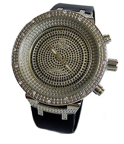 Men's Silver Plated Black CZ Stone Face Rubber Strap HipHop Bling Watch