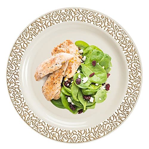 [10 PACK] Lace Collection Elegant Premium Plastic Disposable Party Dinner Plates (10.25" - 26cm Dinner Plates, Cream &amp; Gold)
