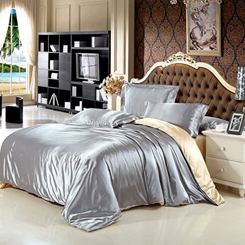 Autumn Luxury Silky Silk 4pcs Bedding Set 1 Fitted Sheet Deep 1 Duvet Cover 2 Pillowcases All KingDouble^^^gray/camel