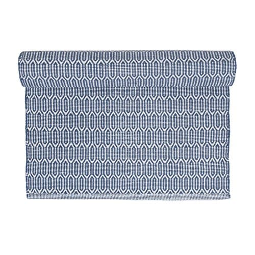 Scandinavian washable blue patterned woven cotton rug - floor runner, 70cm x 140cm