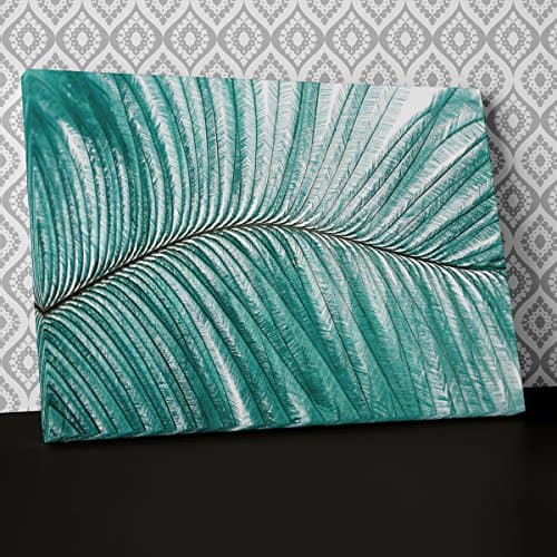 Teal Giant Leaf Abstract Canvas Wall Art, Framed Ready to Hang Picture Print AB456