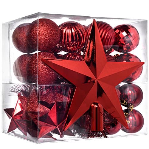 WeRChristmas 42-Piece Shatterproof Baubles Decoration Pack with Tree Topper & Garland - Red, Red