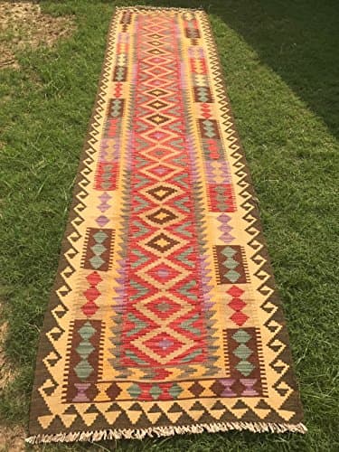ARTICLE # 5529 FINE Quality Vegetable Dyed Hand Made Lamb Wool Kilim Runner Afghani Chobi Double Face Design 370 x 89 CM - (12.1 x 3.0 Feet)