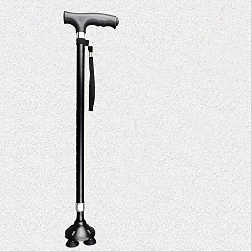 With flashlight function, Four-bottom non-slip crutches, Adjustable four-base crutches for seniors and disabled (black)