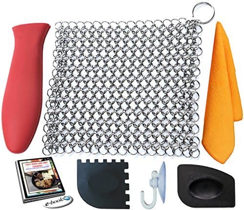 KitCast (6 in One + e Book)- Cast Iron Cleaner XL 8x6 Premium Stainless Steel Chainmail Scrubber With Bonus Iron Skillet Handle Holder + Pan Scraper + Grill Scraper + Kitchen Towel + Drying Hook