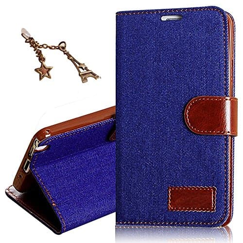 Uming? Denim Fabric Case Cowboy Fabrics Cloth Jeans Denim material PU case for IPhone6Plus IPhone6SPlus IPhone 6Plus 6SPlus Splice Hit color PU-Leather Flip Case with Stander Holder Carrier Credit Card slot Wallet Shell Protective Mobile Cell Phone Case Cover Bag + 1* Anti dust Plug - Mid-Blue