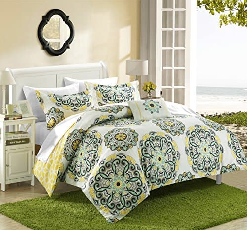Chic Home 8 Piece Barcelona Printed Medallion Reversible Geometric Backing Bed in a Bag Comforter Set with Sheet, King, Yellow
