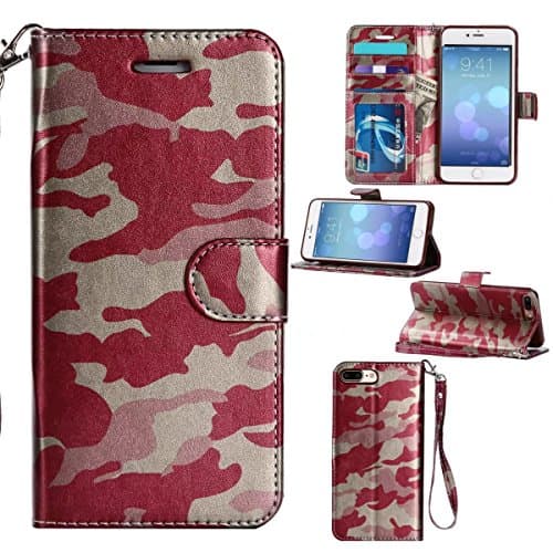 iPhone 7Plus /8Plus 5.5 Case ,MIRAER Army Camo Camouflage Pattern Flip Cover for iPhone 7Plus /8Plus 5.5 inch PU Leather TPU Wallet Cover Phone Bags Cases (Red)