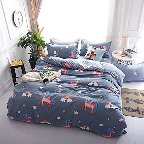 Animal Pattern Bedding Pillowcase Duvet Cover Set Single Double King Size (Single(Duvet Cover Set + Flat Sheet), Unicorn)