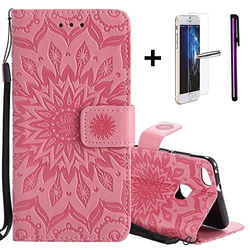 Huawei P10 Lite (2017) Wallet Case Cover [With Free Tempered Glass Screen Protector + 1 Stylus Pen] NEWSTARS Premium Soft PU Leather Notebook Wallet Embossed Mandala Florals Sun Flower Design Case Kickstand Function Card Holder Slot &amp; Wrist Strap Slim Flip Protective Skin Cover Phone Case for Huawei P10 Lite 5.2". KT- Mandala Pink