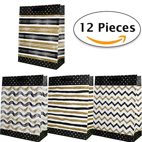 Holiday Gift Bags Medium Size - 12 Pack - White Black and Gold Glitter Presents Bags in 4 Designs - Perfect for Wedding, Birthday, Christmas, Gift Wrap and Party Favours by Jonami
