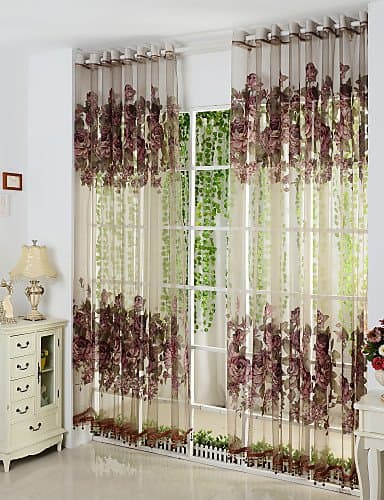 CLL/ Two Panels Burgundy Floral Botanical Polyester Sheer Curtains , double pleated-2* , double pleated-2*