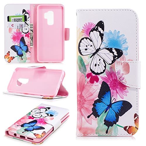 CaseLover For Galaxy S9 Plus, PU Leather Silicon TPU Inner for Samsung Galaxy S9 Plus Flip Stand Function ID Card Slots Protective Tablet Wallet Case Magnetic Smart Cover - Butterfly Flower