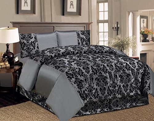 Lisa 4 Piece Damask Super Luxury Complete Set Floral Flock Duvet Quilt Cover Bedding Comforter Set - Double,king,Super King Size (King, GREY)