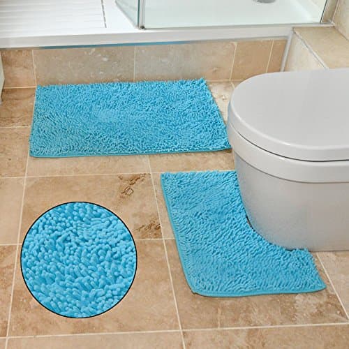 2 Piece Noodle Twist Bath Mat Set Pedestal Mat Non Slip Soft Thick Bathroom Rugs (Aqua)
