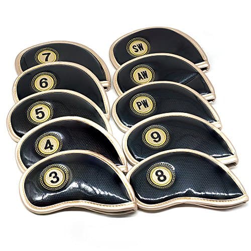Debonice 10pcs/set Golf Iron Head Covers PU Leather 3-9 A/SW/PW Elastic Neoprene Material with Number Tag Protect Case for Irons … (Black)