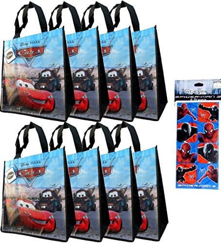 8-pack Pixar Cars Tote Bag Set (Medium - 13 x14 x6 Woven Reusable) AND a Rare 4-sheet Spiderman Stickers Set (3 x6 ) ---- Pixar Cars Party Supplies and Favors for Kids