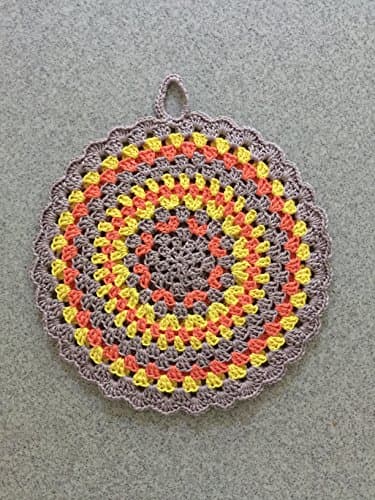 Circular Crochet Pot Holder Grey/Orange/Yellow