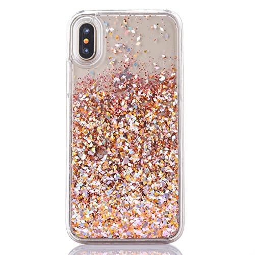 iPhone X Glitter Case ,SENCEE Fashion Creative Design Flowing Liquid Floating Bling Glitter Sparkle with Rhinestone Diamond Soft Cover Case for Apple iPhone X iPhone 10 + Tempered Glass (Gold Diamond)