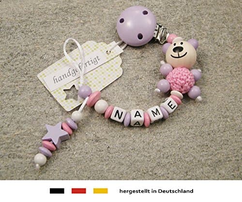 Personalised Baby Dummy Clip Chain | Pacifier Soother Holder with Preferred Name – Girls Motif Bear & Lilac Star
