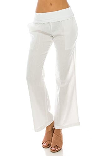 Me in California Women's Plus Size Comfy Fold Over Band Waist Linen Pants With Pockets White X-Large LP1002