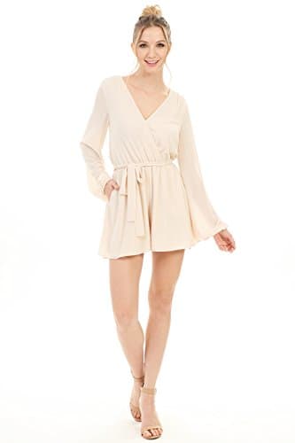 NAKED ZEBRA Women's Long Sleeve Romper With Back Self Tie Cream Large