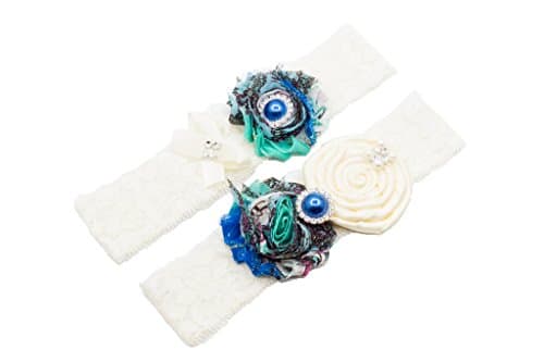 Wedding Lace Garter Set Peacock Inspired With Light Blue Pearl(Gift Box)