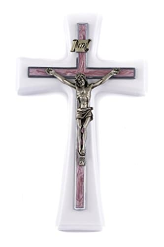 7" White Crucifix, Blue Pearlized Epoxy Cross Overly, 3" Pewter Corpus