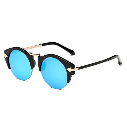 Dasein Vintage Inspired Classic Half Frame Semi-Rimless Round Circle Sunglasses - Black/Blue Lense