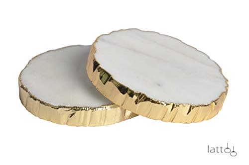 Lattoo Handmade White Marble Gilded Tea Coaster Set for Home and Office | Set of 2 Coaster