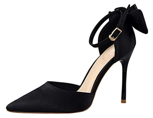MMJULY Women's Pointed Toe Ankle Strap Bow Stiletto High Heel Satin Wedding Dress Pumps