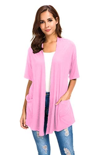 Womens Short Sleeve Open Front Lightweight Casual Comfy Long Line Drape Hem Soft Modal Cardigans Sweater with Two Pockets
