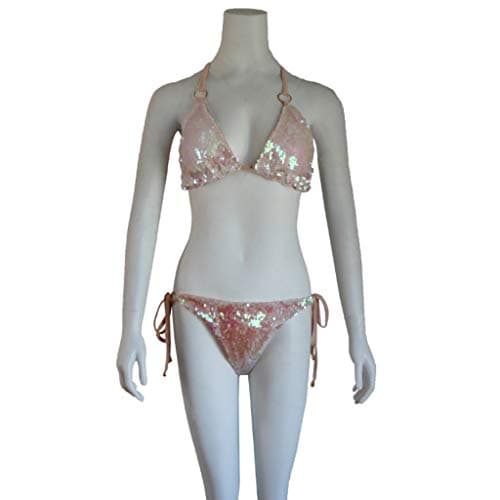 Lyguy Swimsuit, Women Two Piece Bikini Set Halter Triangle Bra Low Waist Side Tie Thong Glitter Fish Scales Sequins Solid Color Metal Ring Swimsuit 3# S