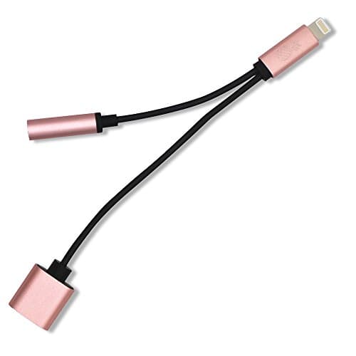 2 in 1 iPhone 7 Lightning to 3.5mm Headphone Jack + Charging Port Adapter, Dual Cord, iOS 11.0 Compatible, Pineapple Accessories (Rose Gold)