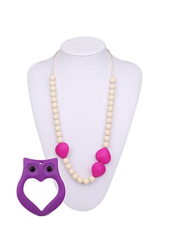 BUNDLE: Silicone Teething Necklace in Violet Red and Ivory with bonus Owl Teether for Baby and Mom, Fashionable and BPA Free (Violet Red and Ivory White)
